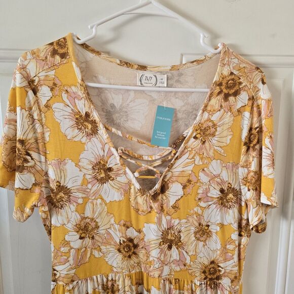 NWT Maurices Dress Yellow Floral Womens Medium Spring Midi Dress Buttery Soft - Picture 2 of 7